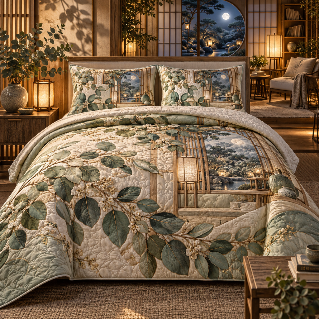 One quilted bedding set with an original Eucalyptus Hushlight Paper Pavilion and deep quiet-corner illusion.