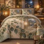 One quilted bedding set with an original Eucalyptus Hushlight Paper Pavilion and deep quiet-corner illusion.