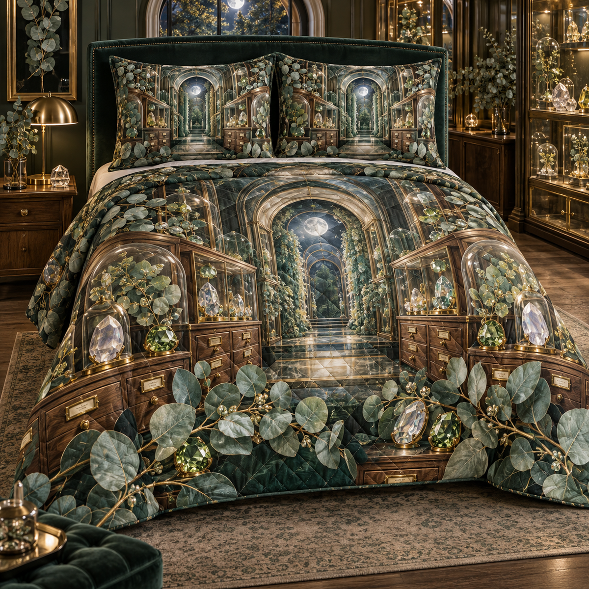 One quilted bedding set with an original Eucalyptus Gemvault Specimen Cabinet and deep collector-gallery illusion.