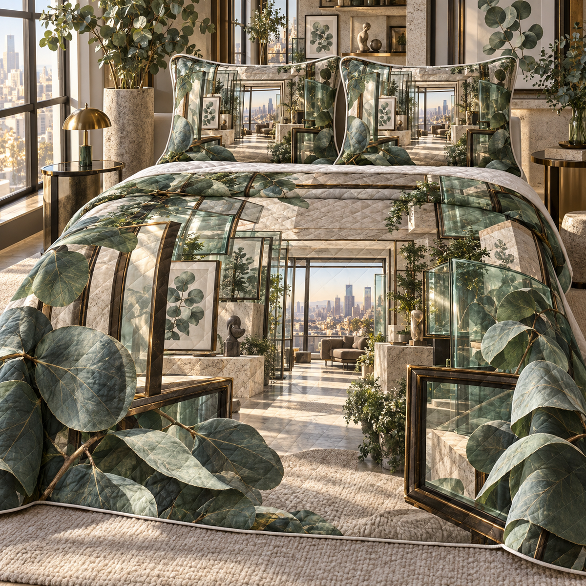 One quilted bedding set with an original Eucalyptus Prismframe Loft Salon and deep apartment-gallery illusion.