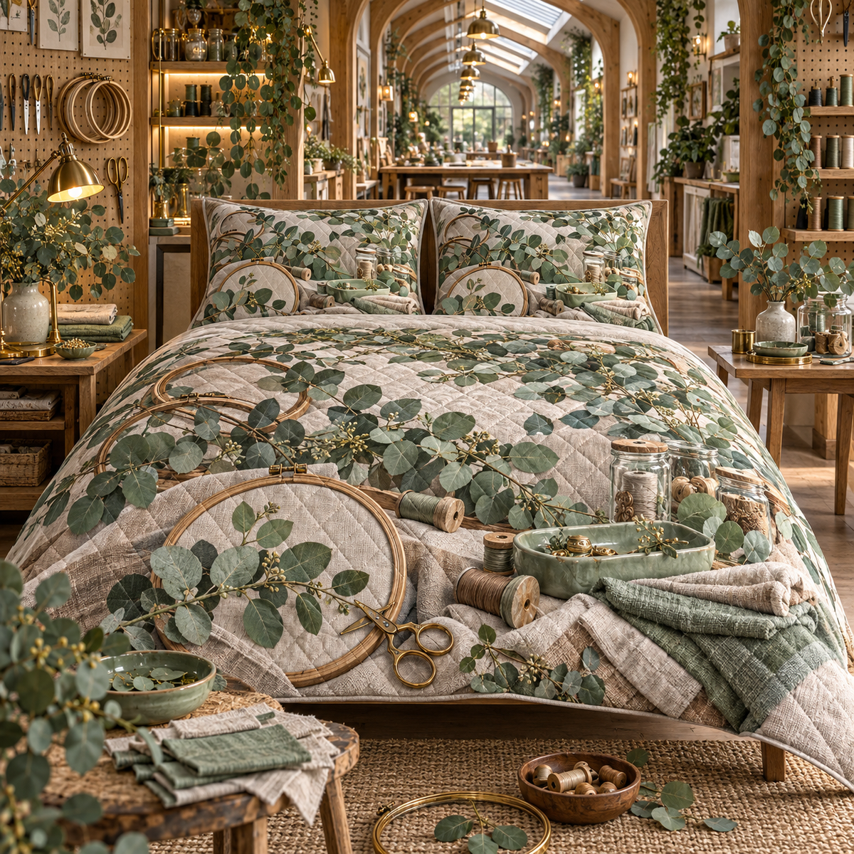 One quilted bedding set with an original Eucalyptus Makerloom Lightwell and deep hobby-studio illusion.