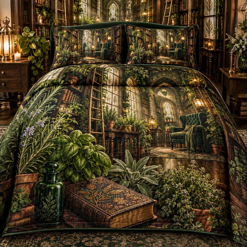One quilted bedding set with an original Herb Garden Lanternleaf Library and deep reading-nook illusion.