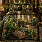 One quilted bedding set with an original Herb Garden Lanternleaf Library and deep reading-nook illusion.
