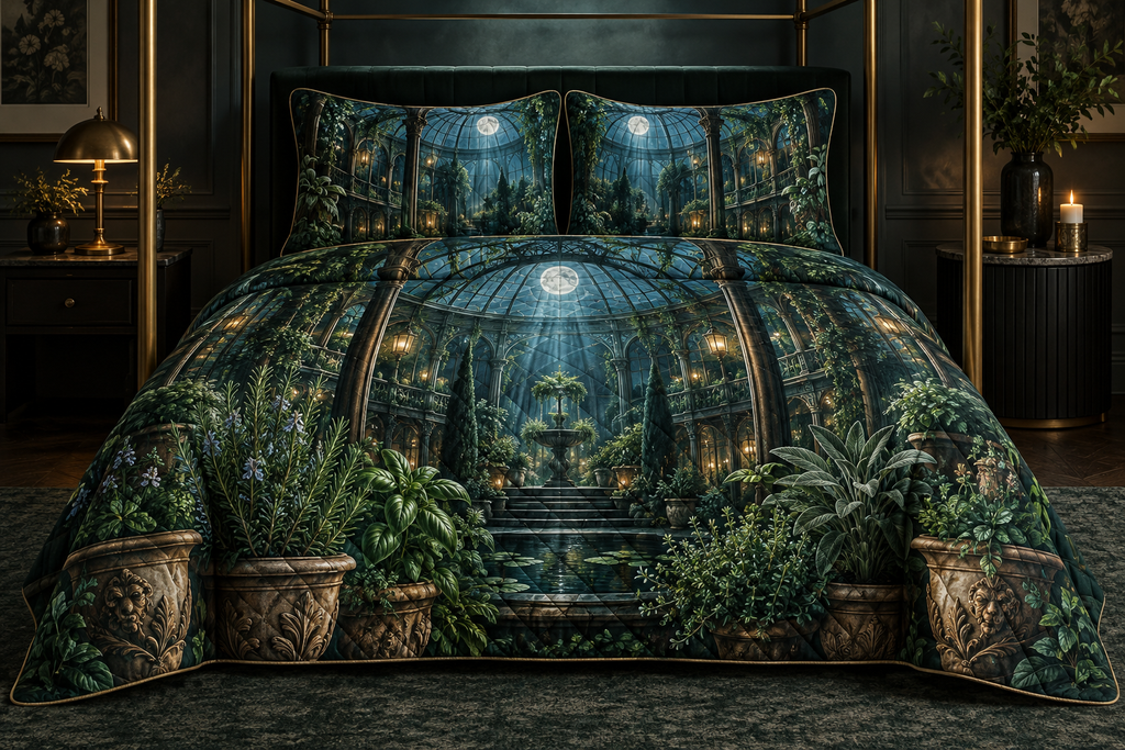 One quilted bedding set with an original Herb Garden Nocturne Canopy and deep moonlit conservatory illusion.