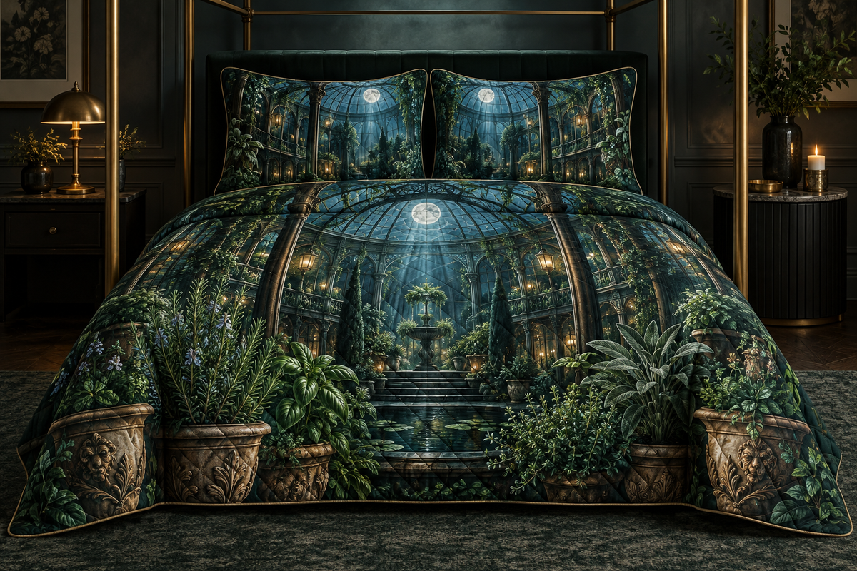 One quilted bedding set with an original Herb Garden Nocturne Canopy and deep moonlit conservatory illusion.