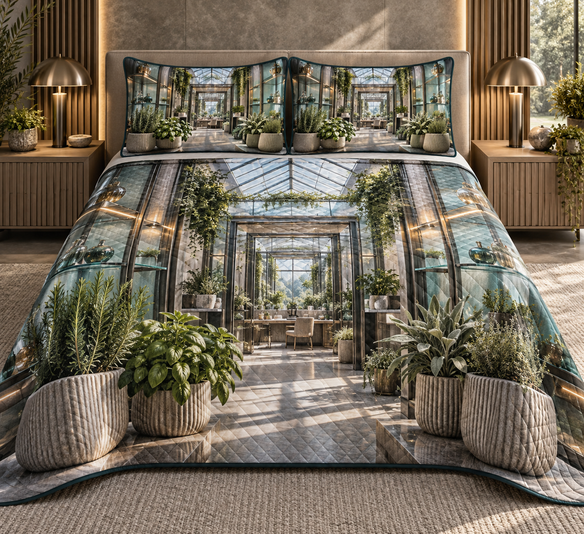 One quilted bedding set with an original Herb Garden Vertex Glasswork Studio and deep professional botanical-studio illusion.