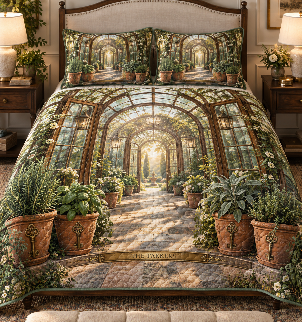 One personalized quilted bedding set with THE PARKERS integrated into an original Herb Garden Hearthkey Conservatory and maximum-depth printed illusion.
