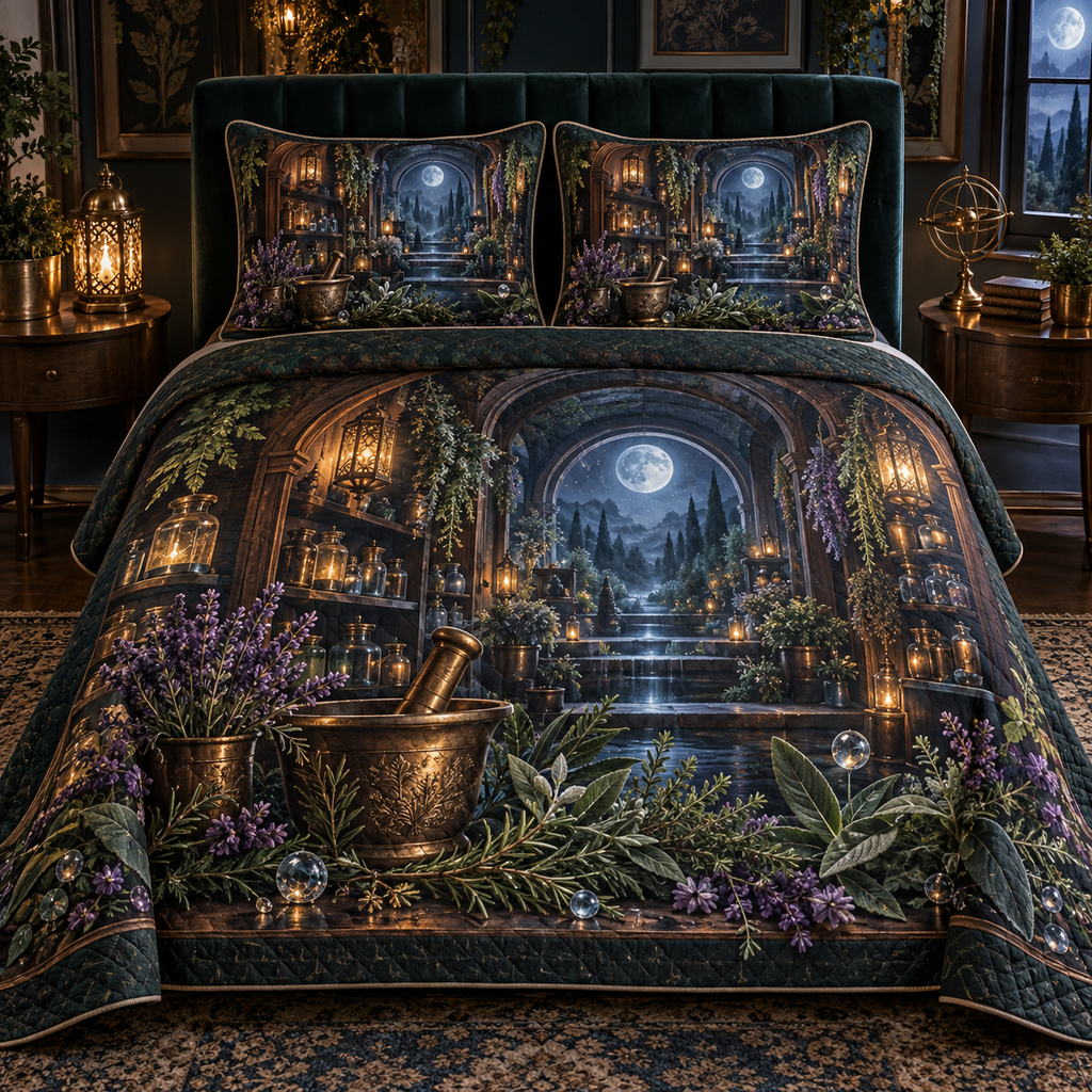 One quilted bedding set with an original Herb Garden Moonwell Apothecary Nook and maximum-depth printed illusion.