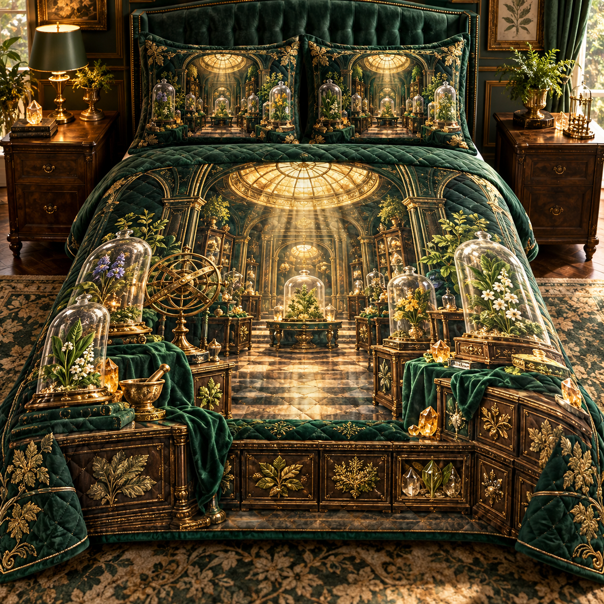 One quilted bedding set with an original Herb Garden Aureate Herbarium Vault and maximum-depth printed illusion.