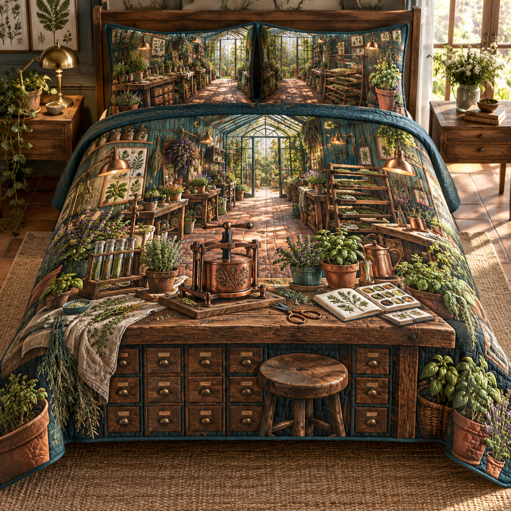 One quilted bedding set with an original Herb Garden Copperpress Maker Atelier and maximum-depth printed illusion.