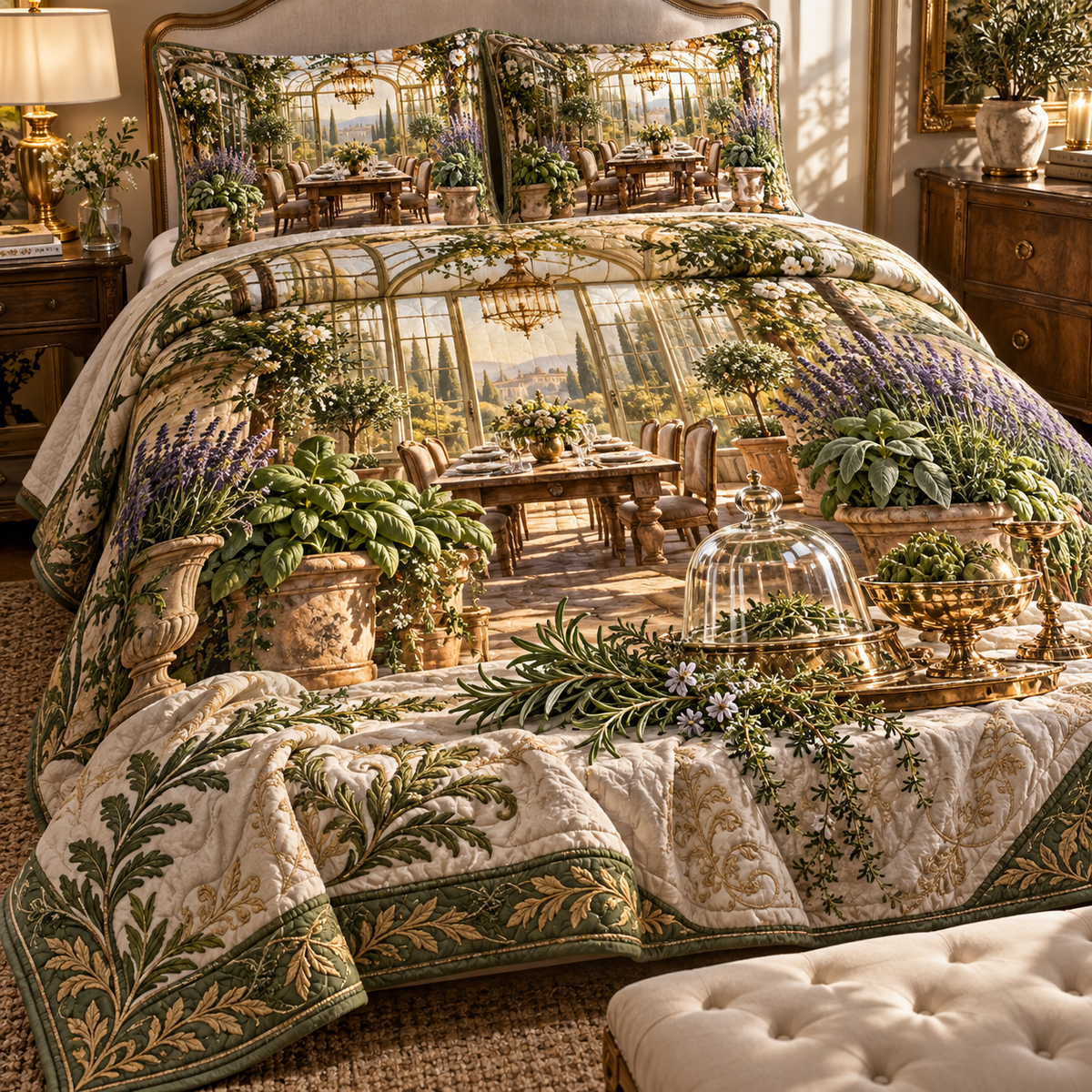 One quilted bedding set with an original Herb Garden Gilded Supper Conservatory and maximum-depth printed illusion.