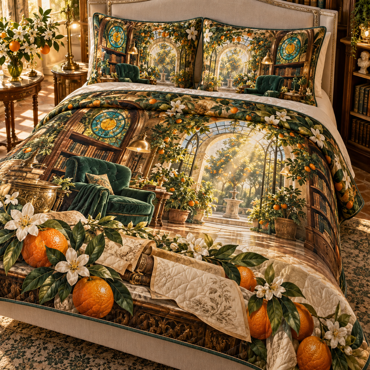 One quilted bedding set with an original Citrus Blossom Sunfolio Reading Orangery and maximum-depth printed illusion.