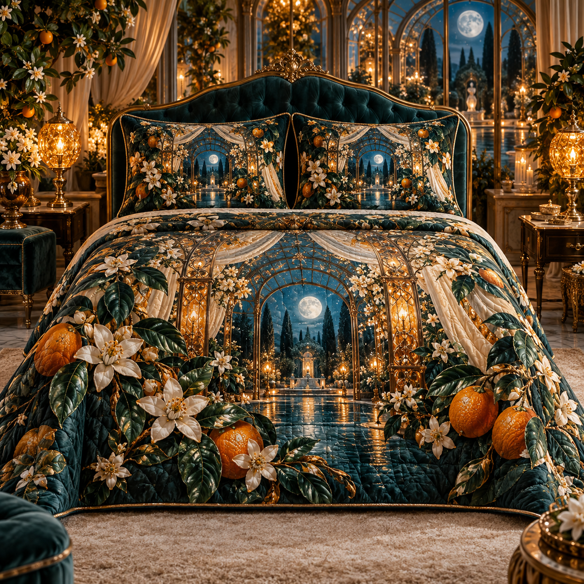 One quilted bedding set with an original Citrus Blossom Emberglass Canopy and maximum-depth printed illusion.