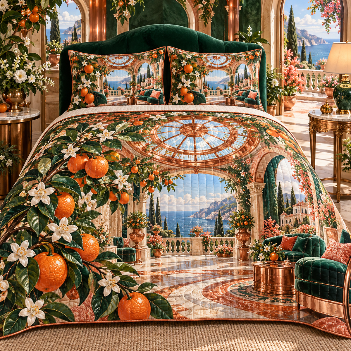 One quilted bedding set with an original Citrus Blossom Copperlight Solarium Oculus and maximum-depth printed illusion.