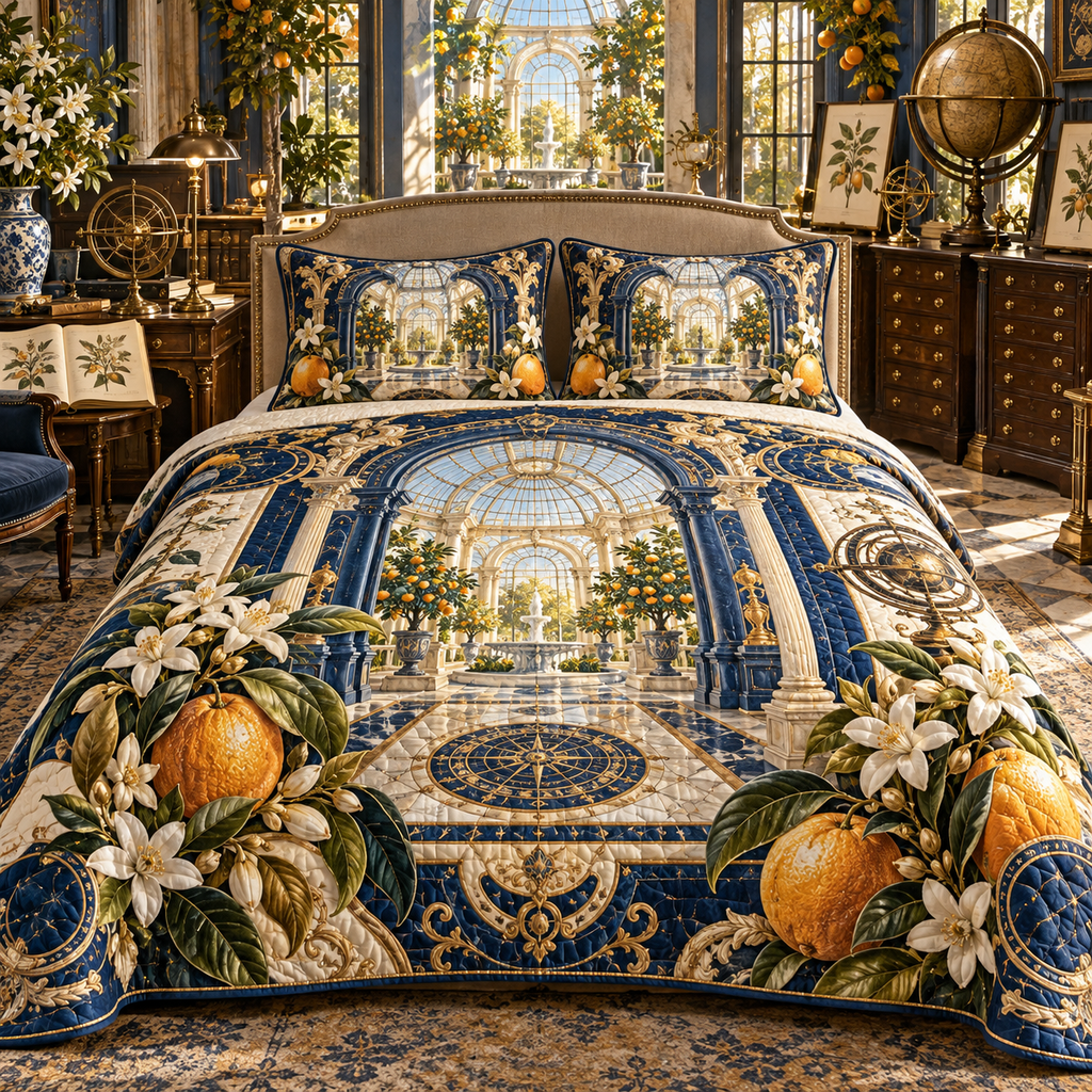 One quilted bedding set with an original Citrus Blossom Atlasglass Study Atrium and maximum-depth printed illusion.