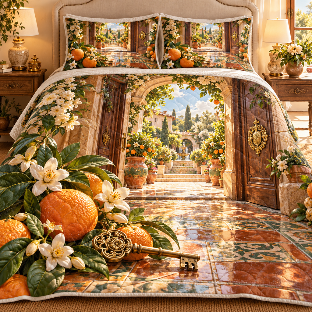 One quilted bedding set with an original Citrus Blossom Keylight Welcome Courtyard and maximum-depth printed illusion.