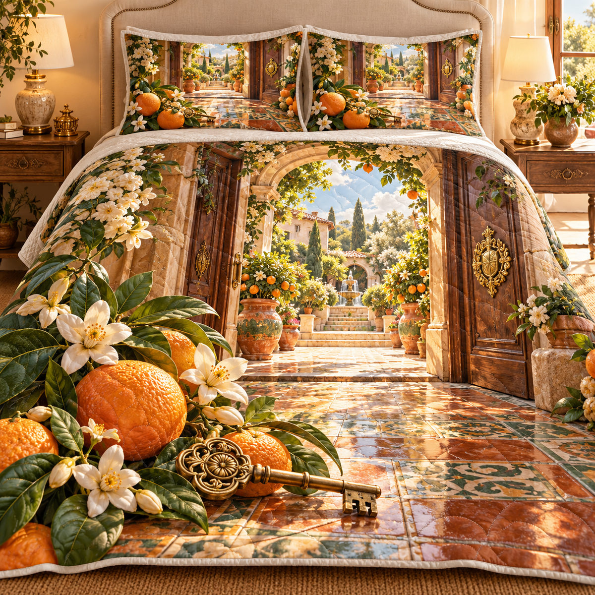 One quilted bedding set with an original Citrus Blossom Keylight Welcome Courtyard and maximum-depth printed illusion.