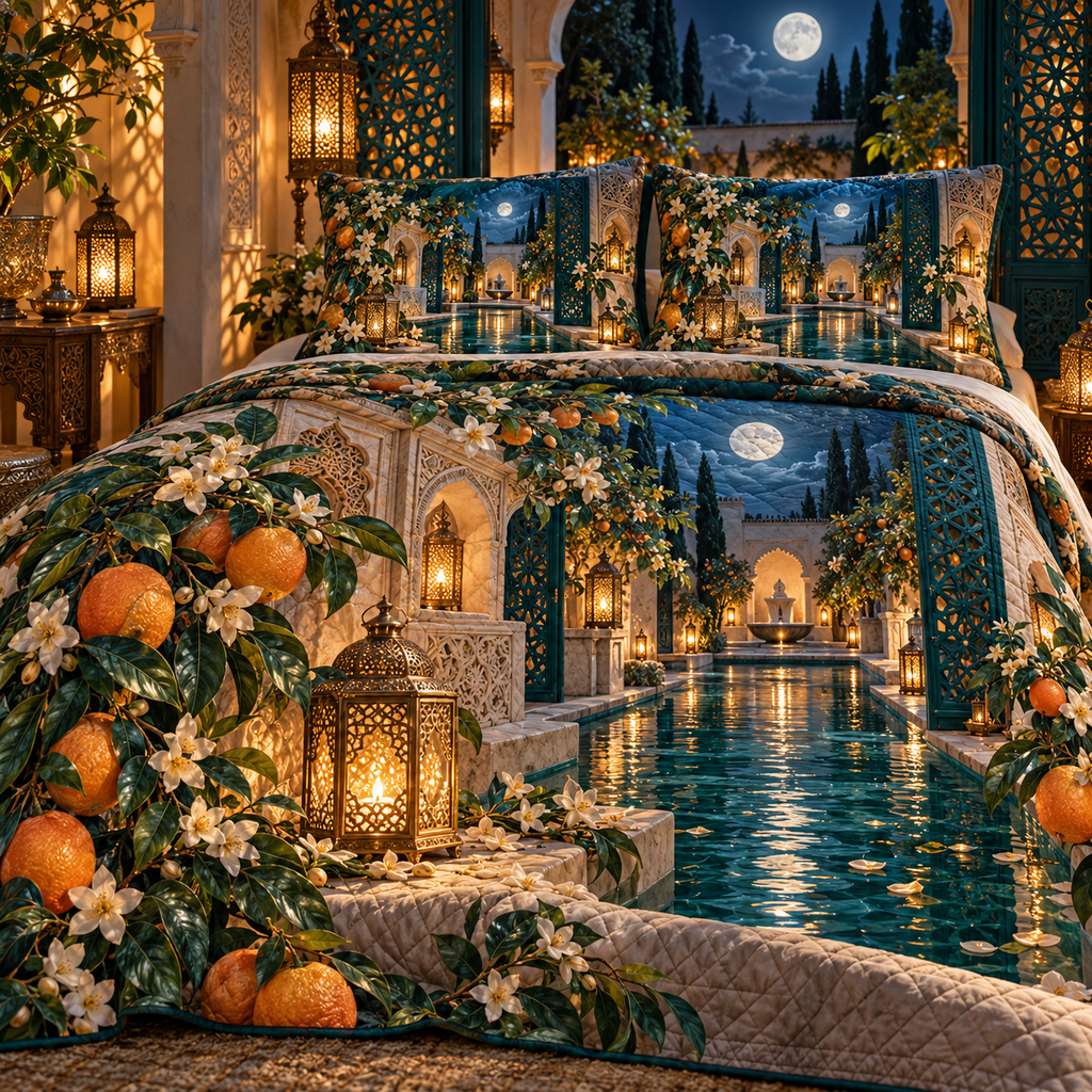 One quilted bedding set with an original Citrus Blossom Lanternwell Quiet Alcove and maximum-depth printed illusion.