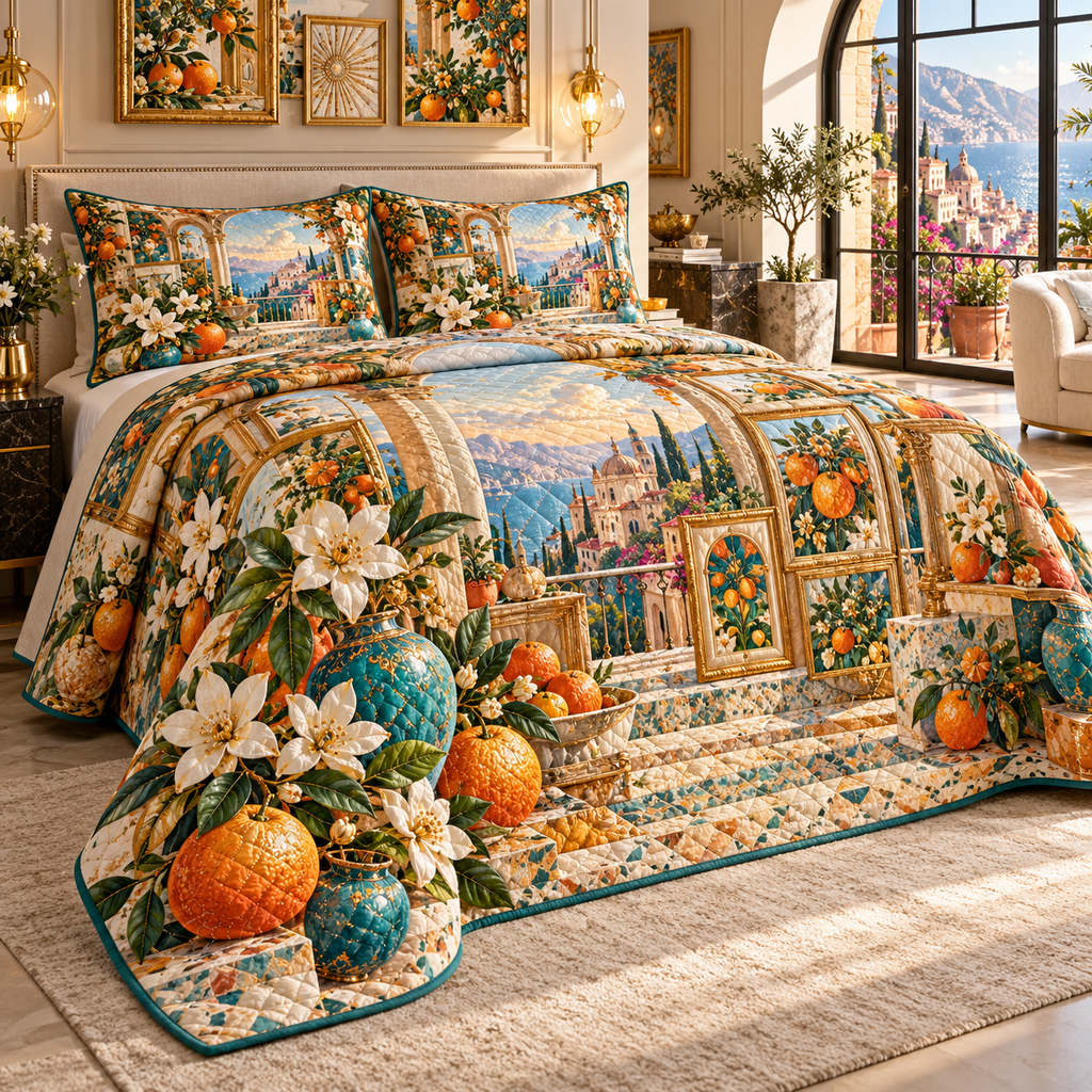 One quilted bedding set with an original Citrus Blossom Facetframe Loft Salon and maximum-depth printed illusion.