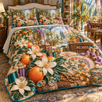 One quilted bedding set with an original Citrus Blossom Prismthread Maker Atelier and maximum-depth printed illusion.