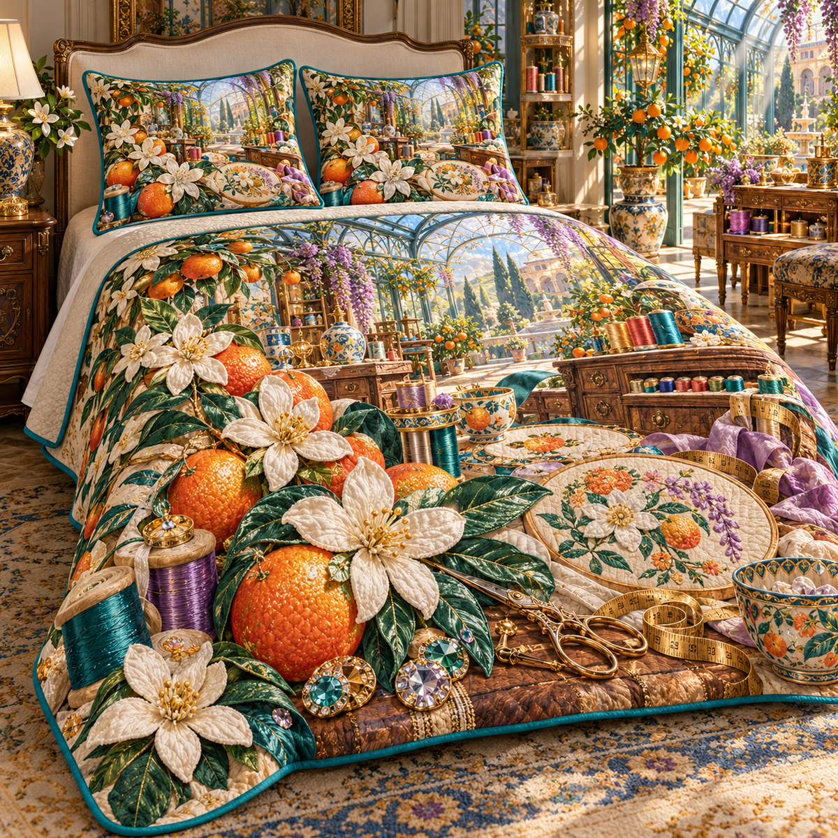 One quilted bedding set with an original Citrus Blossom Prismthread Maker Atelier and maximum-depth printed illusion.