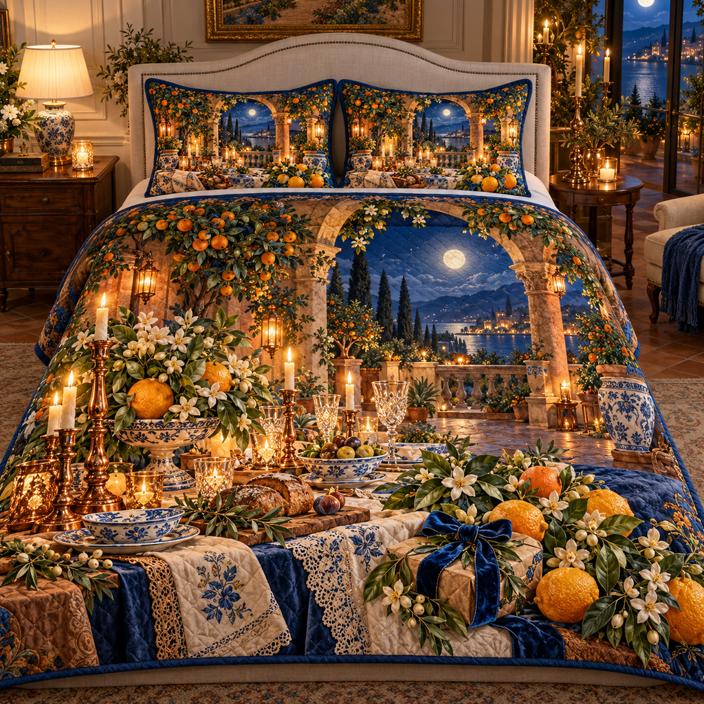 One quilted bedding set with an original Citrus Blossom Hearthtoast Gratitude Supper and maximum-depth printed illusion.