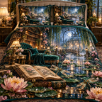 One quilted bedding set with an original Water Lily Lumenleaf Storypond Conservatory and maximum-depth printed illusion.