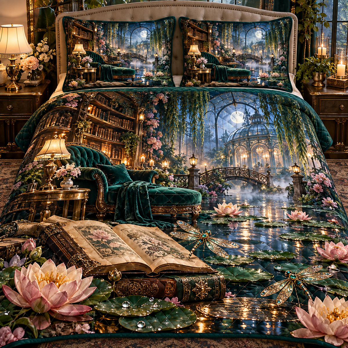 One quilted bedding set with an original Water Lily Lumenleaf Storypond Conservatory and maximum-depth printed illusion.