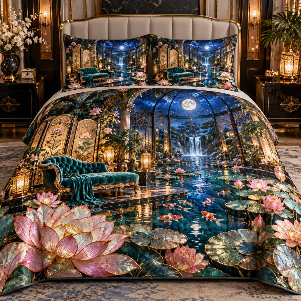 One quilted bedding set with an original Water Lily Celestique Mosaic Suite and maximum-depth printed illusion.