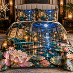 One quilted bedding set with an original Water Lily Celestique Mosaic Suite and maximum-depth printed illusion.