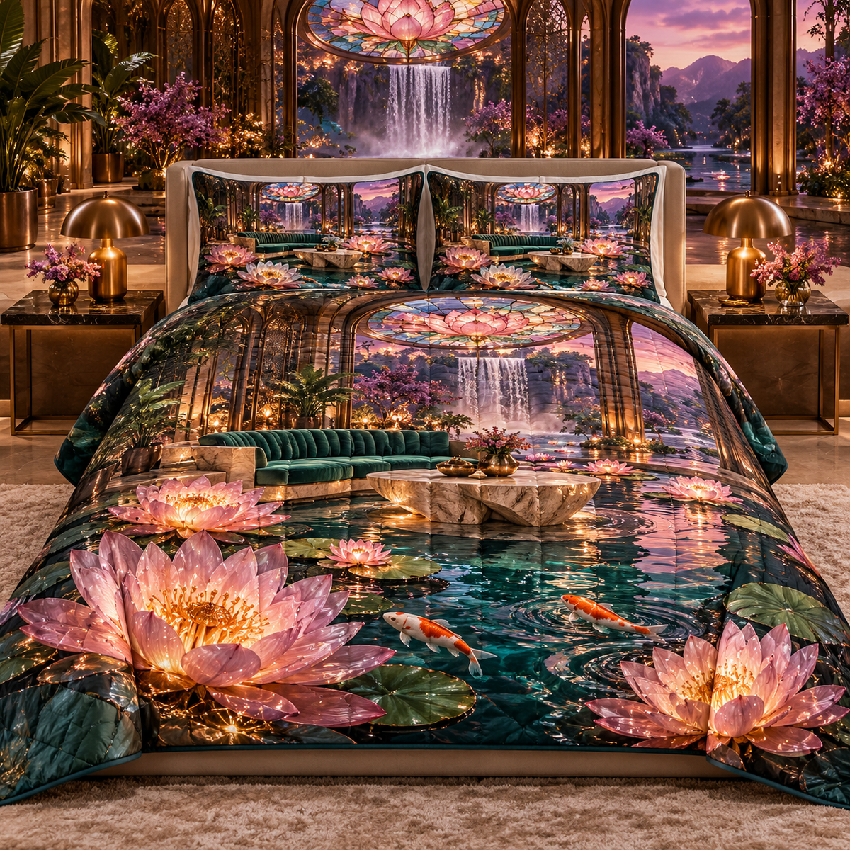 One quilted bedding set with an original Water Lily Lustralight Atrium Salon and maximum-depth printed illusion.