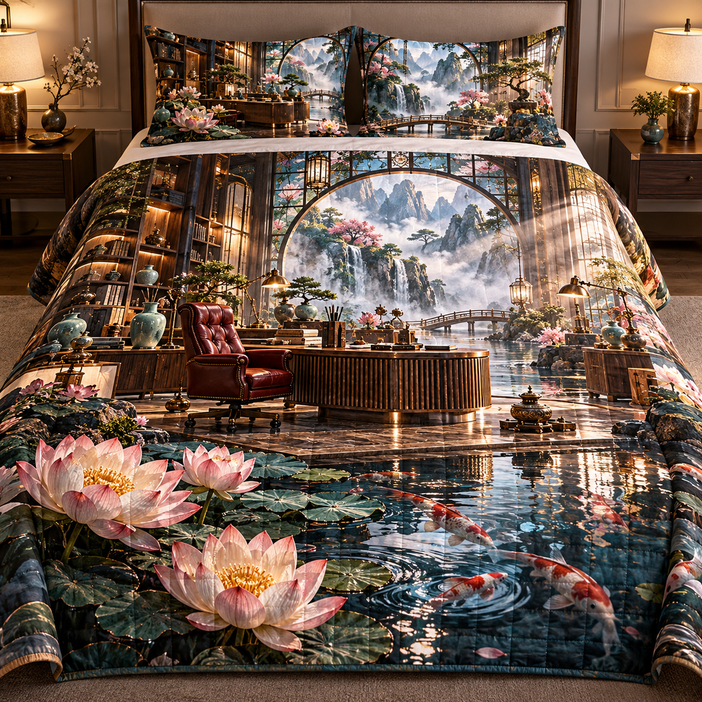 One quilted bedding set with an original Water Lily Inkglass Scholar's Studio and maximum-depth printed illusion.