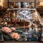One quilted bedding set with an original Water Lily Inkglass Scholar's Studio and maximum-depth printed illusion.