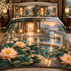 One quilted bedding set with an original Water Lily Hearthglass Welcome Pavilion and maximum-depth printed illusion.