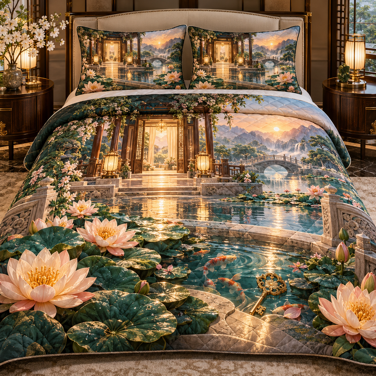 One quilted bedding set with an original Water Lily Hearthglass Welcome Pavilion and maximum-depth printed illusion.