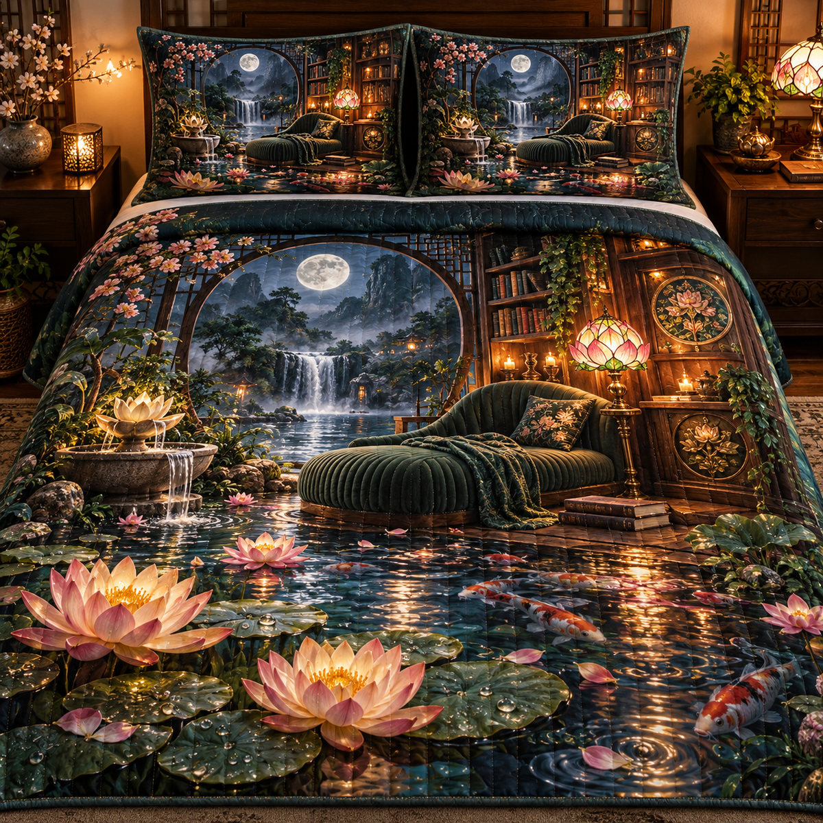 One quilted bedding set with an original Water Lily Lamplight Reading Alcove and maximum-depth printed illusion.