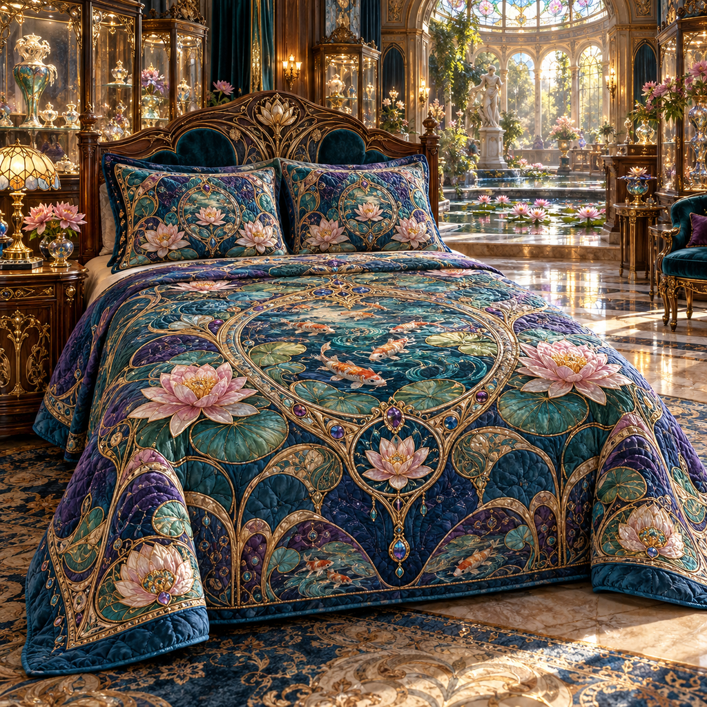 One quilted bedding set with an original Water Lily Curiohall Birthday Treasury and maximum-depth printed illusion.