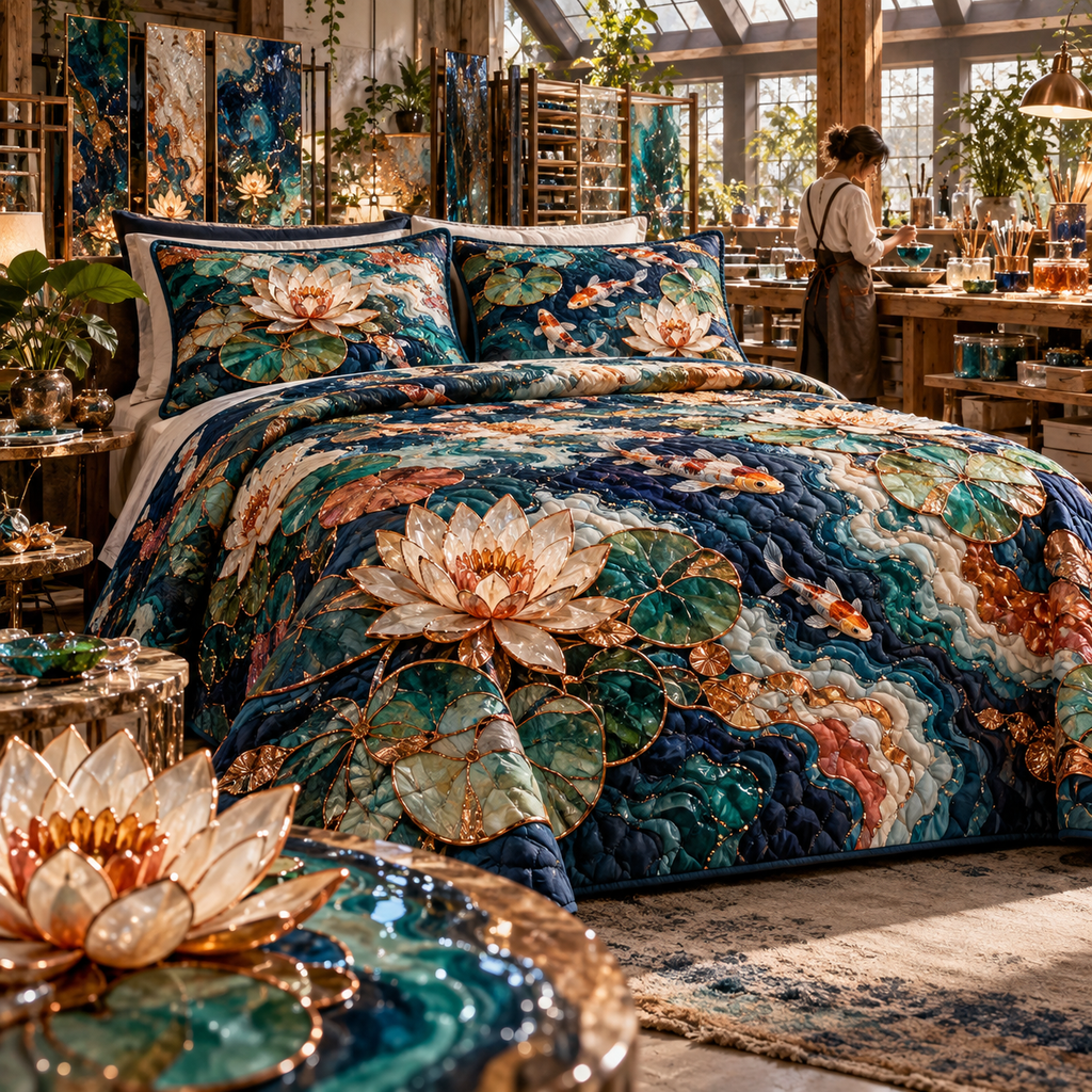 One quilted bedding set with an original Water Lily Resinmaker Atelier and maximum-depth printed illusion.