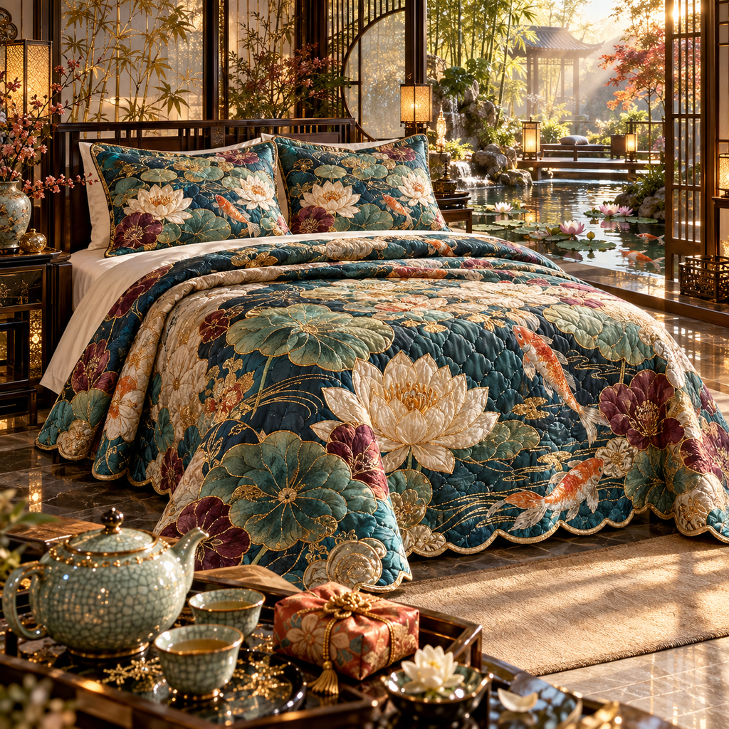 One quilted bedding set with an original Water Lily Teahouse Gratitude Garden and maximum-depth printed illusion.