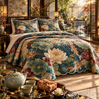 One quilted bedding set with an original Water Lily Teahouse Gratitude Garden and maximum-depth printed illusion.