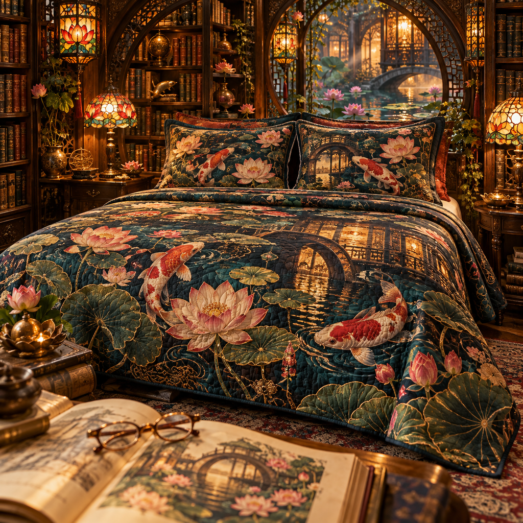 One quilted bedding set with an original Koi Lotus Lantern Library and maximum-depth printed illusion.