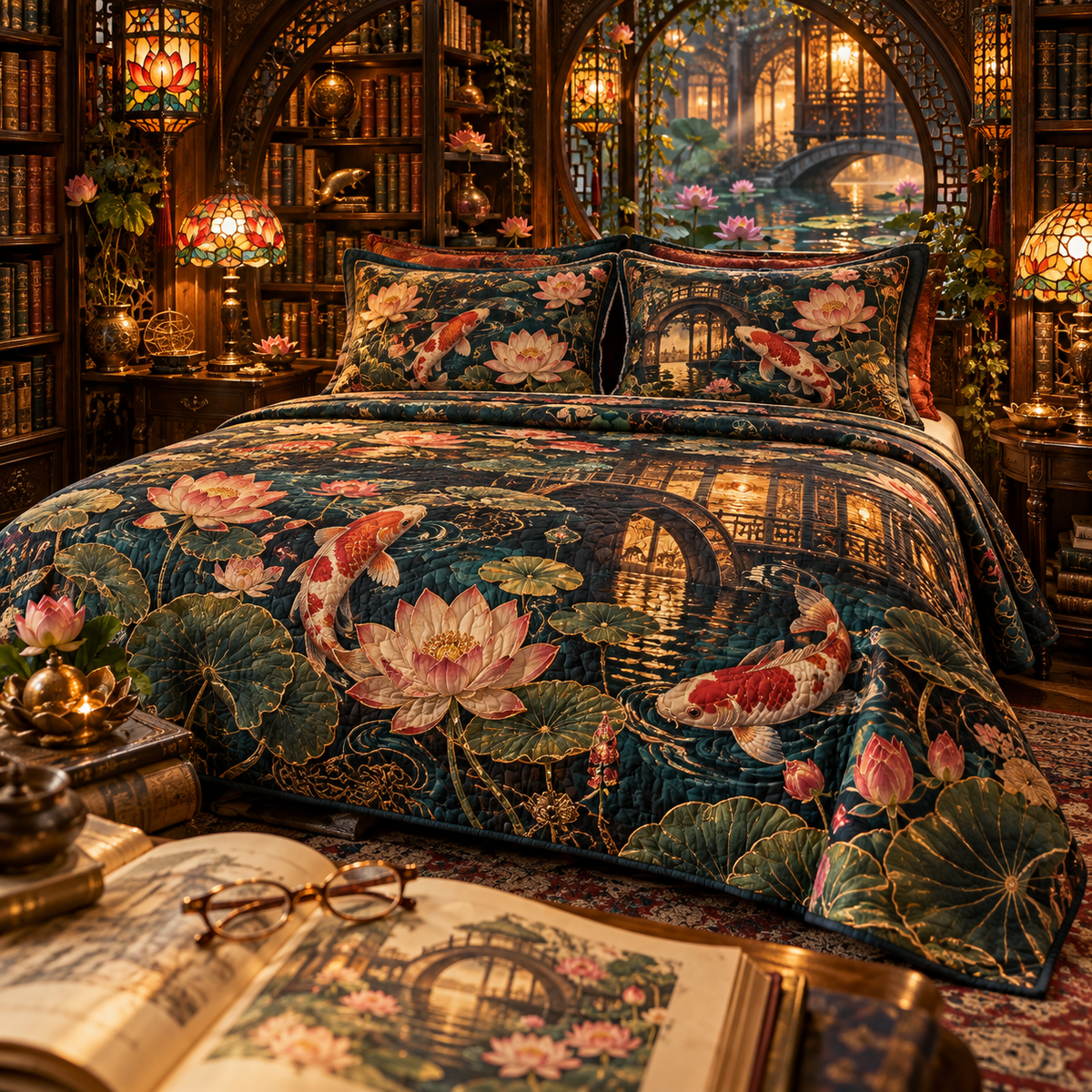 One quilted bedding set with an original Koi Lotus Lantern Library and maximum-depth printed illusion.