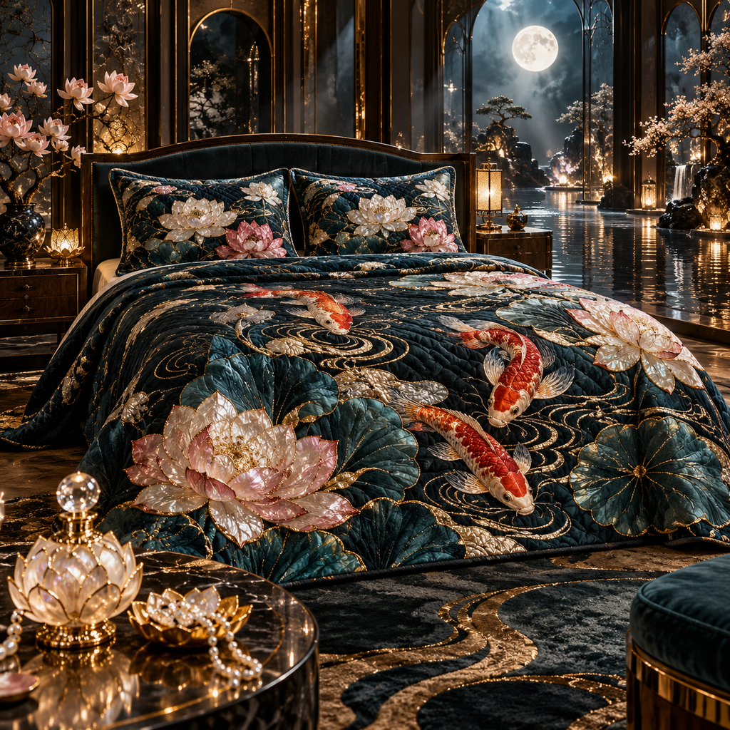 One quilted bedding set with an original Koi Lotus Moonstone Suite and maximum-depth printed illusion.