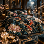 One quilted bedding set with an original Koi Lotus Moonstone Suite and maximum-depth printed illusion.
