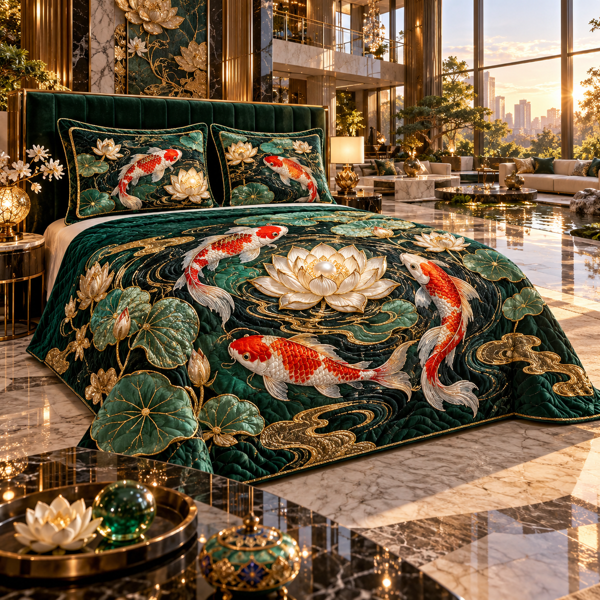 One quilted bedding set with an original Koi Lotus Emerald Salon and maximum-depth printed illusion.