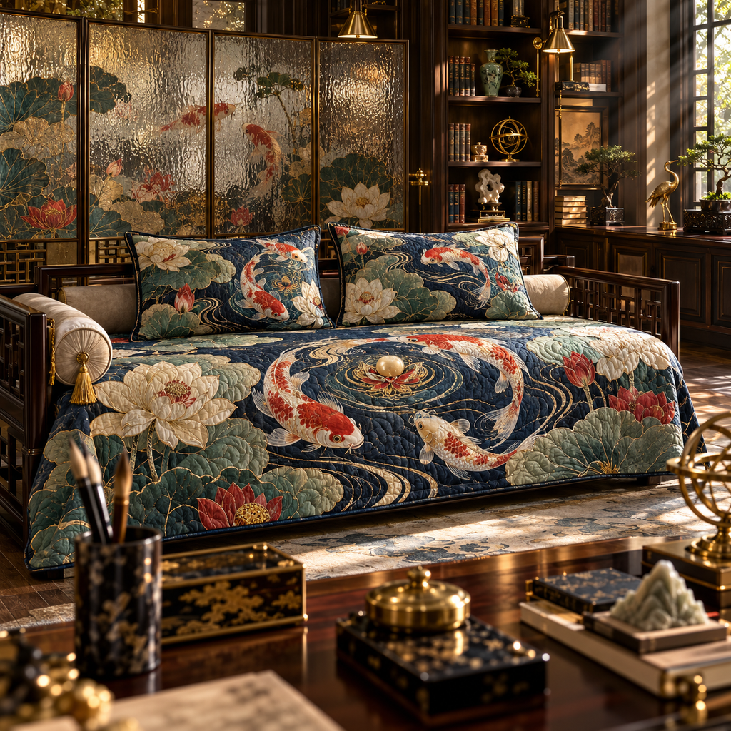One quilted bedding set with an original Koi Lotus Scholar Atrium and maximum-depth printed illusion.