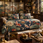 One quilted bedding set with an original Koi Lotus Scholar Atrium and maximum-depth printed illusion.