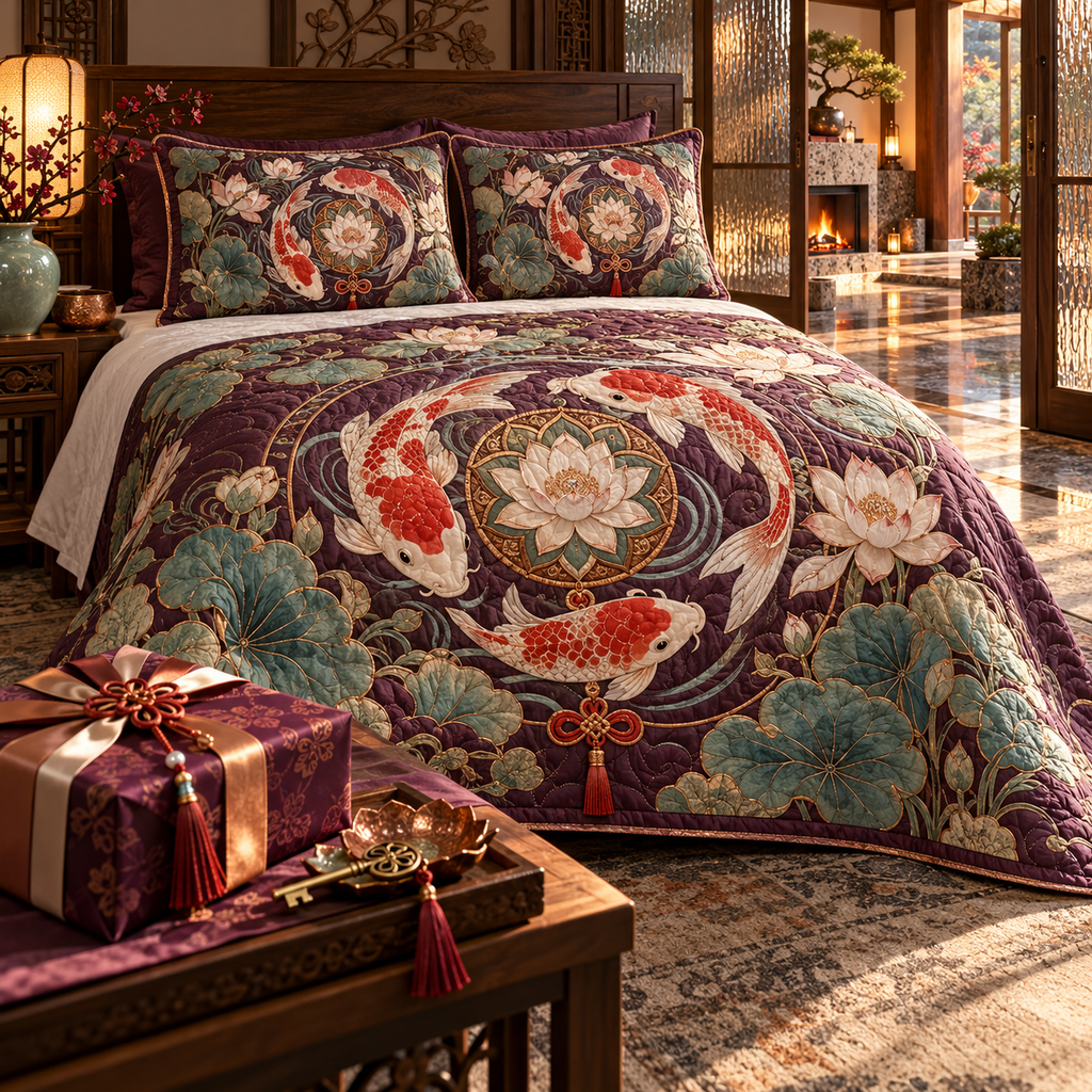 One quilted bedding set with an original Koi Lotus Hearth Blessing and maximum-depth printed illusion.