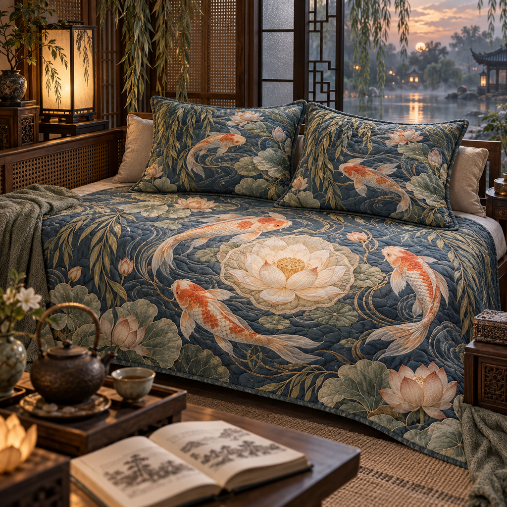 One quilted bedding set with an original Koi Lotus Willow Reverie and maximum-depth printed illusion.