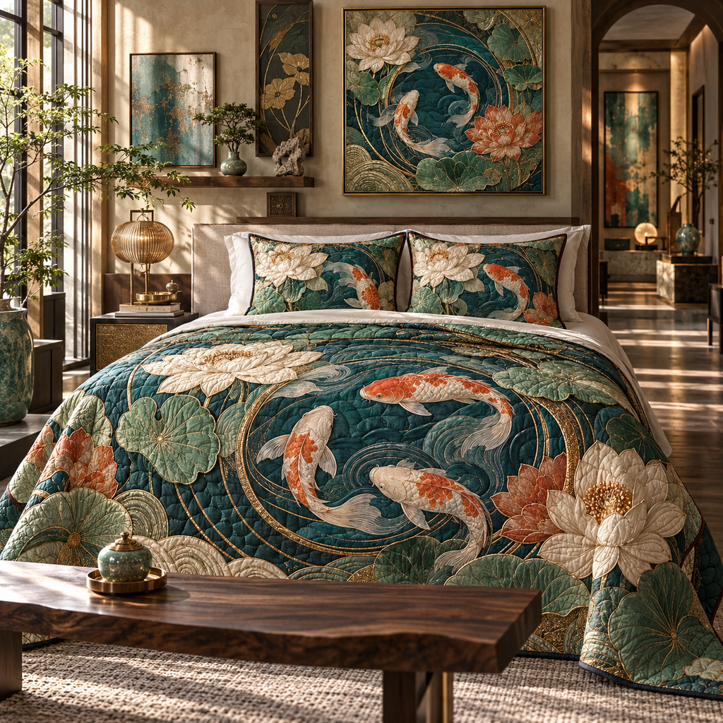 One quilted bedding set with an original Koi Lotus Prism Gallery and maximum-depth printed illusion.